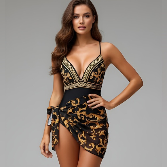 One-Piece Swimsuit Bathing Suit With Wrap Gold/Black - Picture 1 of 8